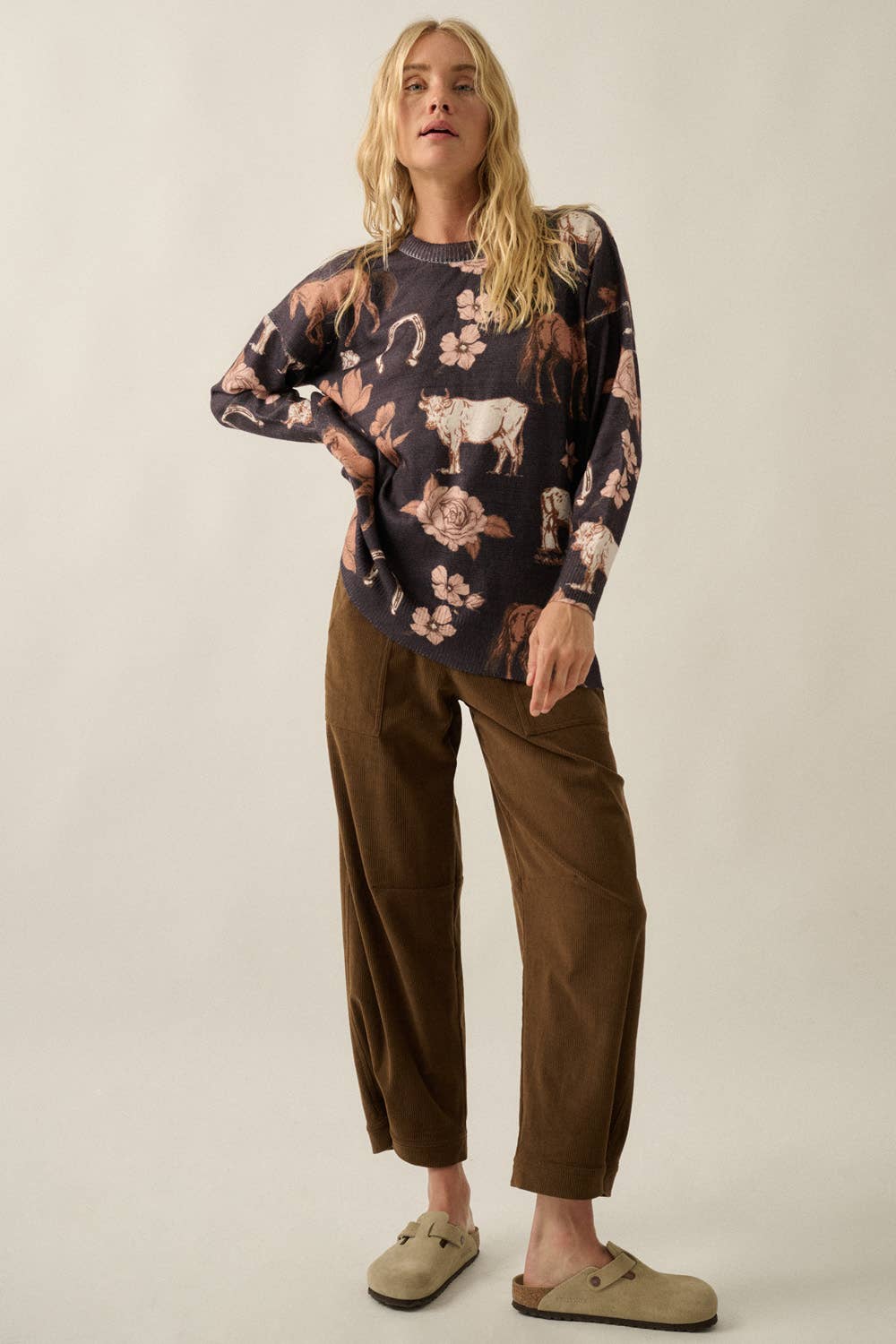 Allover Western Floral-Print Knit Sweater