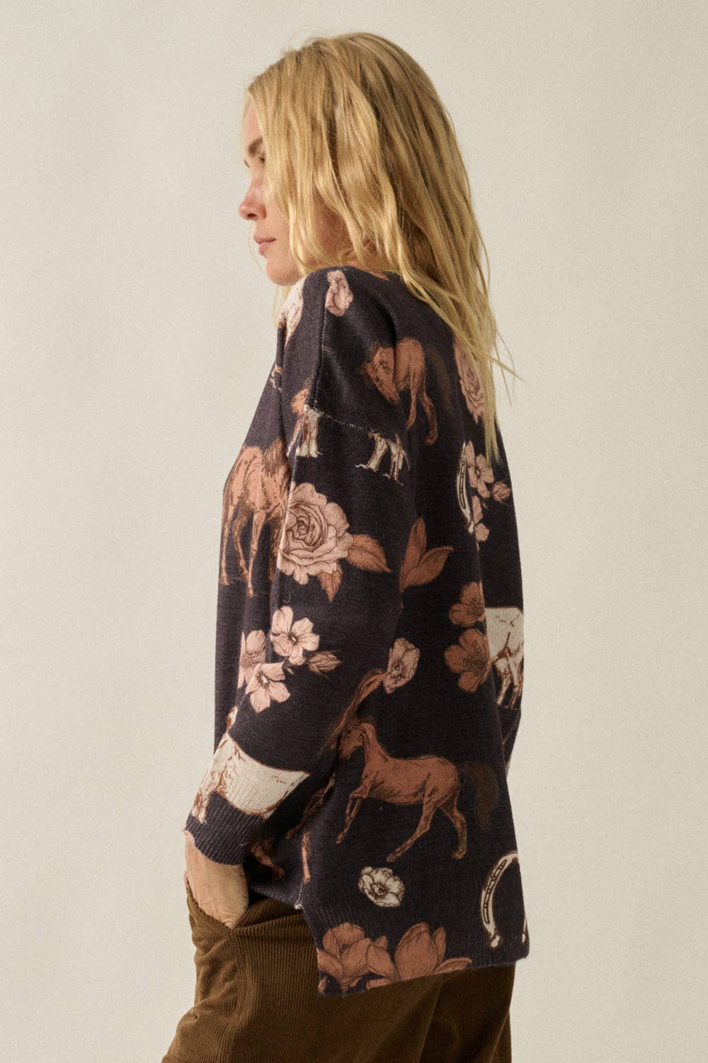 Allover Western Floral-Print Knit Sweater