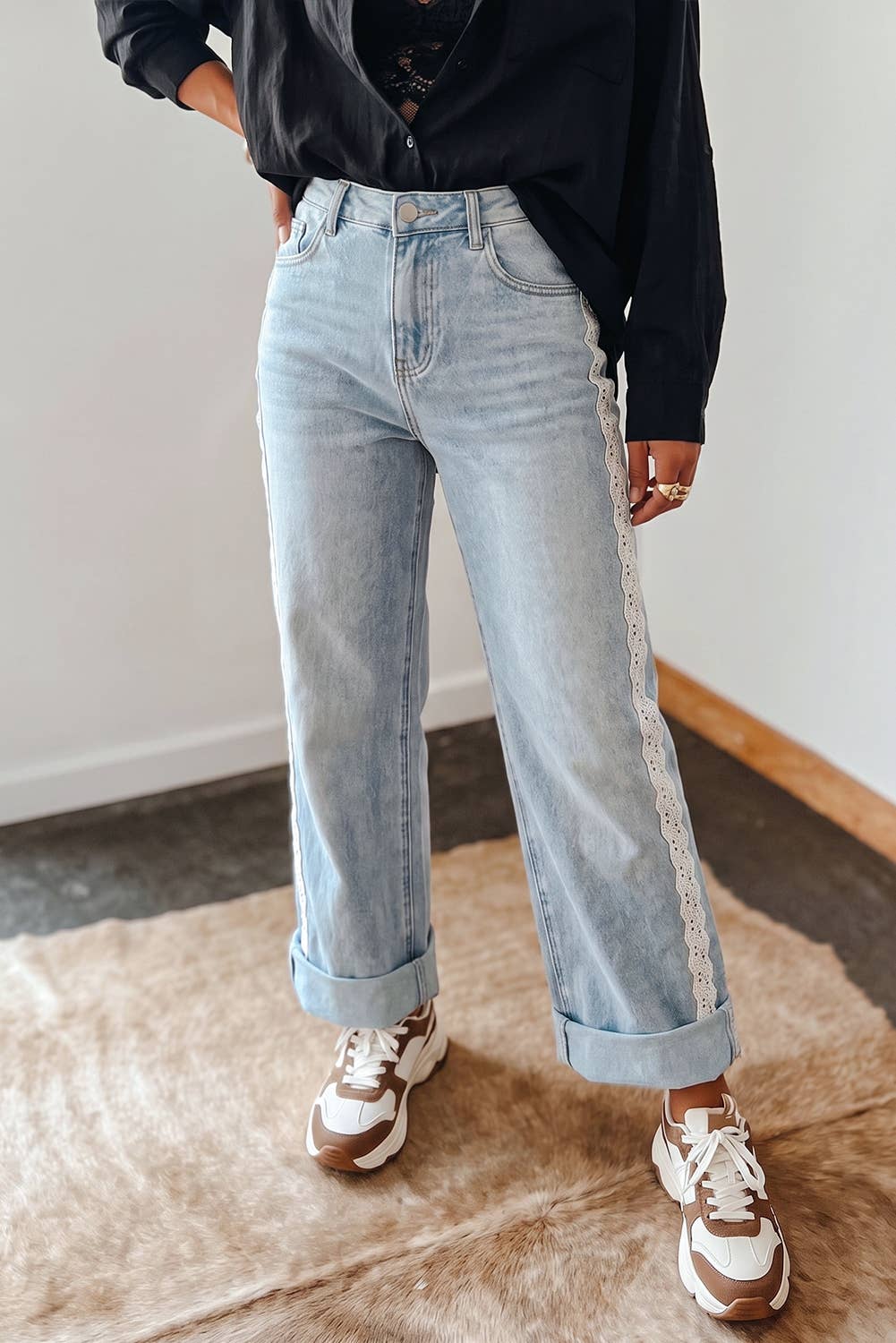 Fall 26 Lace Trim Casual Full-Length Regular Fit Jeans