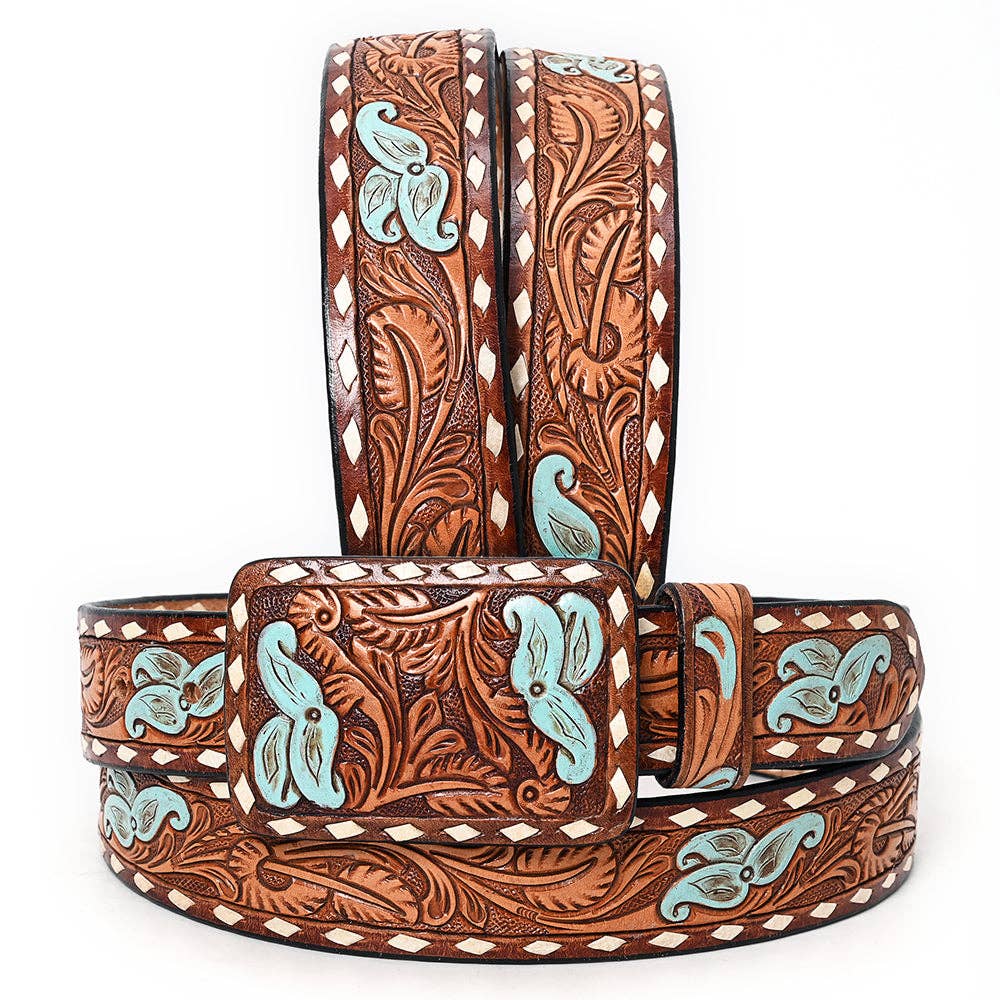 Handtooled Western Leather Belt with Turquoise & Floral Buckle