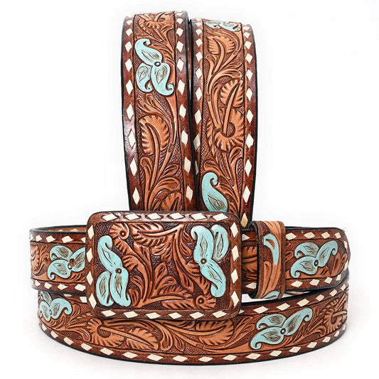 Handtooled Western Leather Belt with Turquoise & Floral Buckle