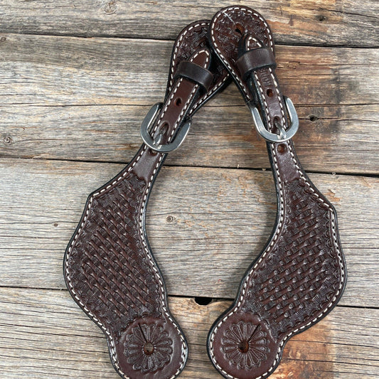 Dark Oil Genuine Leather Basketweave Tooled Spur Straps