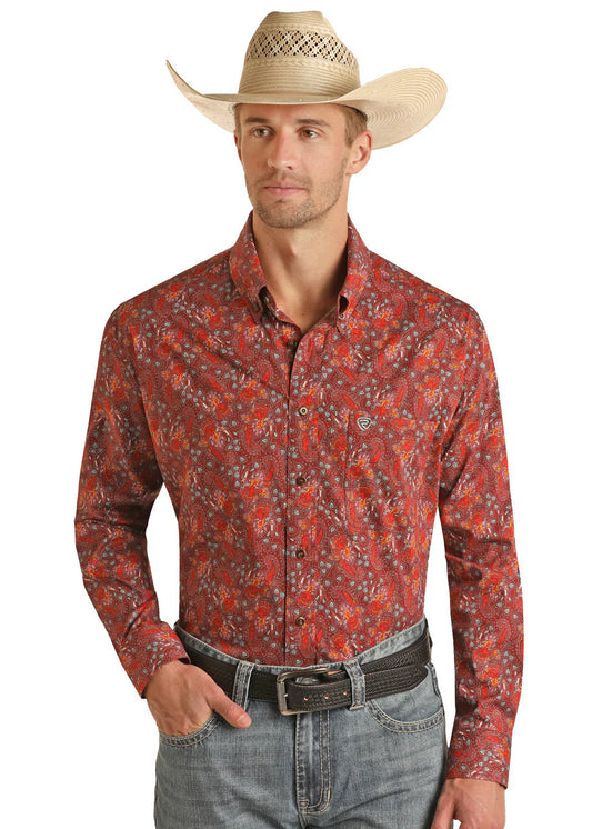 Rock & Roll Denim Red Paisley Long Sleeve Button Up