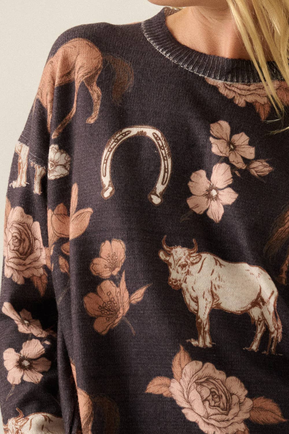 Allover Western Floral-Print Knit Sweater