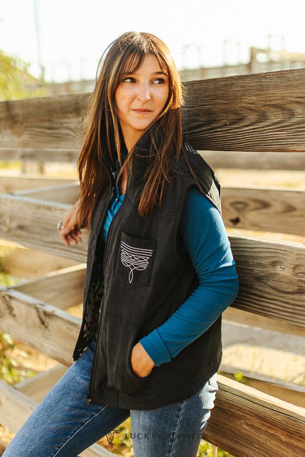 Black Puffer W Aztec Lining Boot Stitch Vest