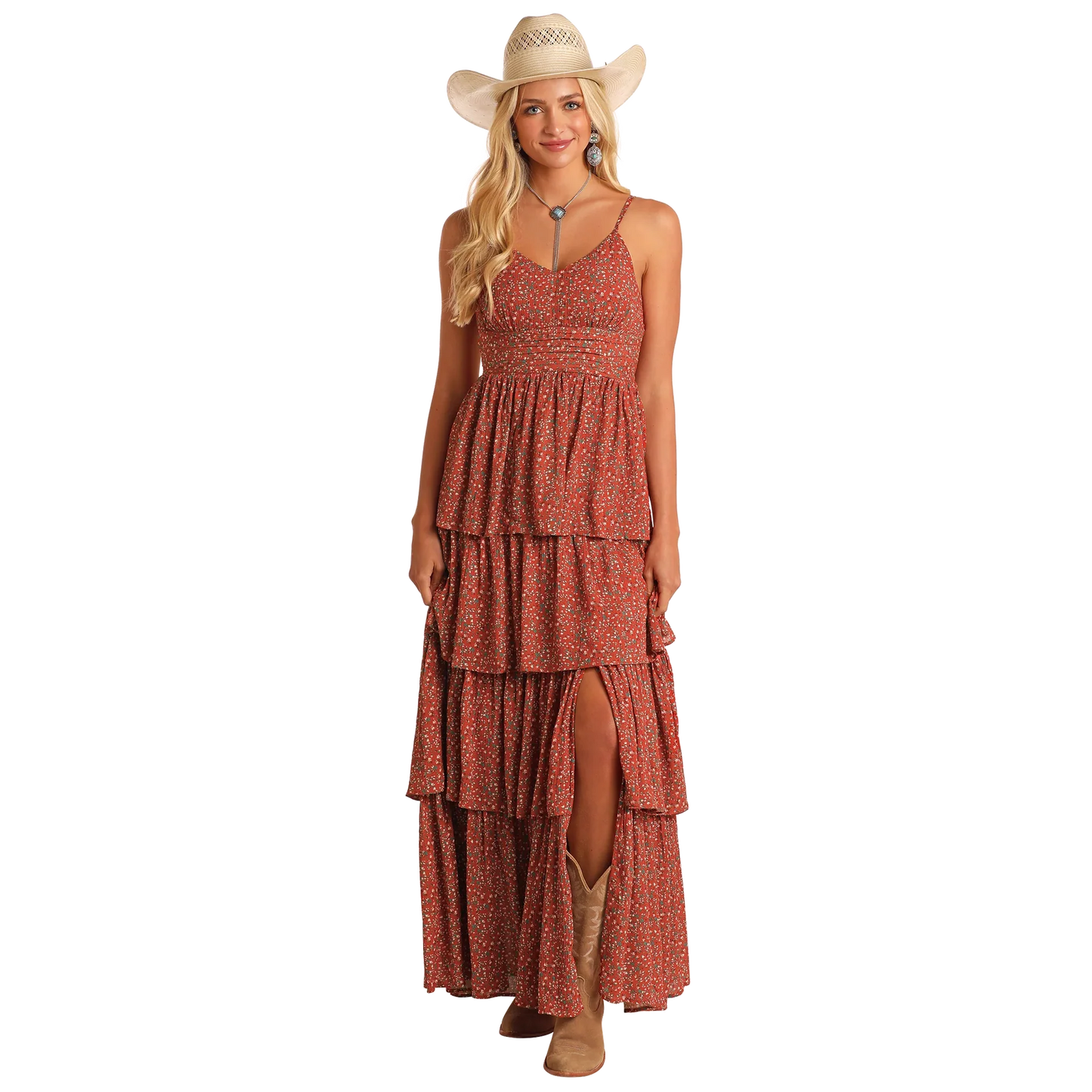 ROCK & ROLL WOMEN'S TIERED MAXI DRESS- BURNT ORANGE